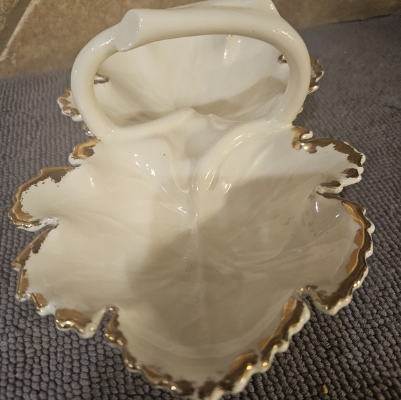 USA Pottery Cream and Gold Edged Two Bowl Ceramic Candy Dish - Picture 6 of 9